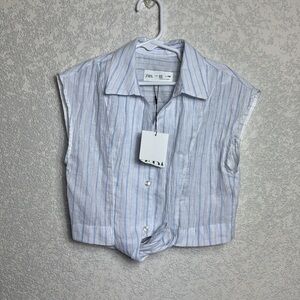 Zara Blue Striped Button-Up Crop Top